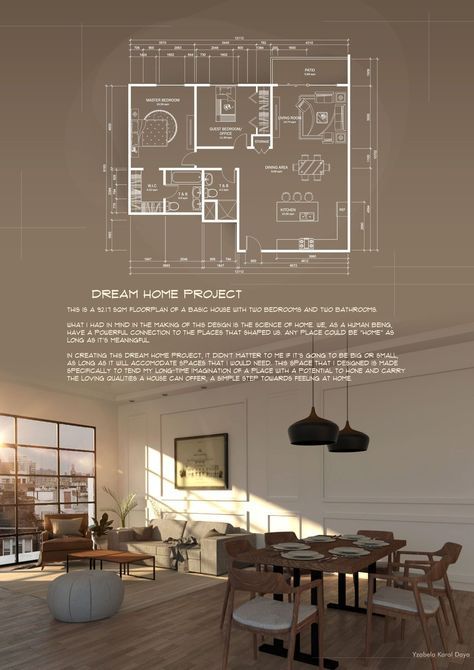 Floor plan layered over a styled living room render
