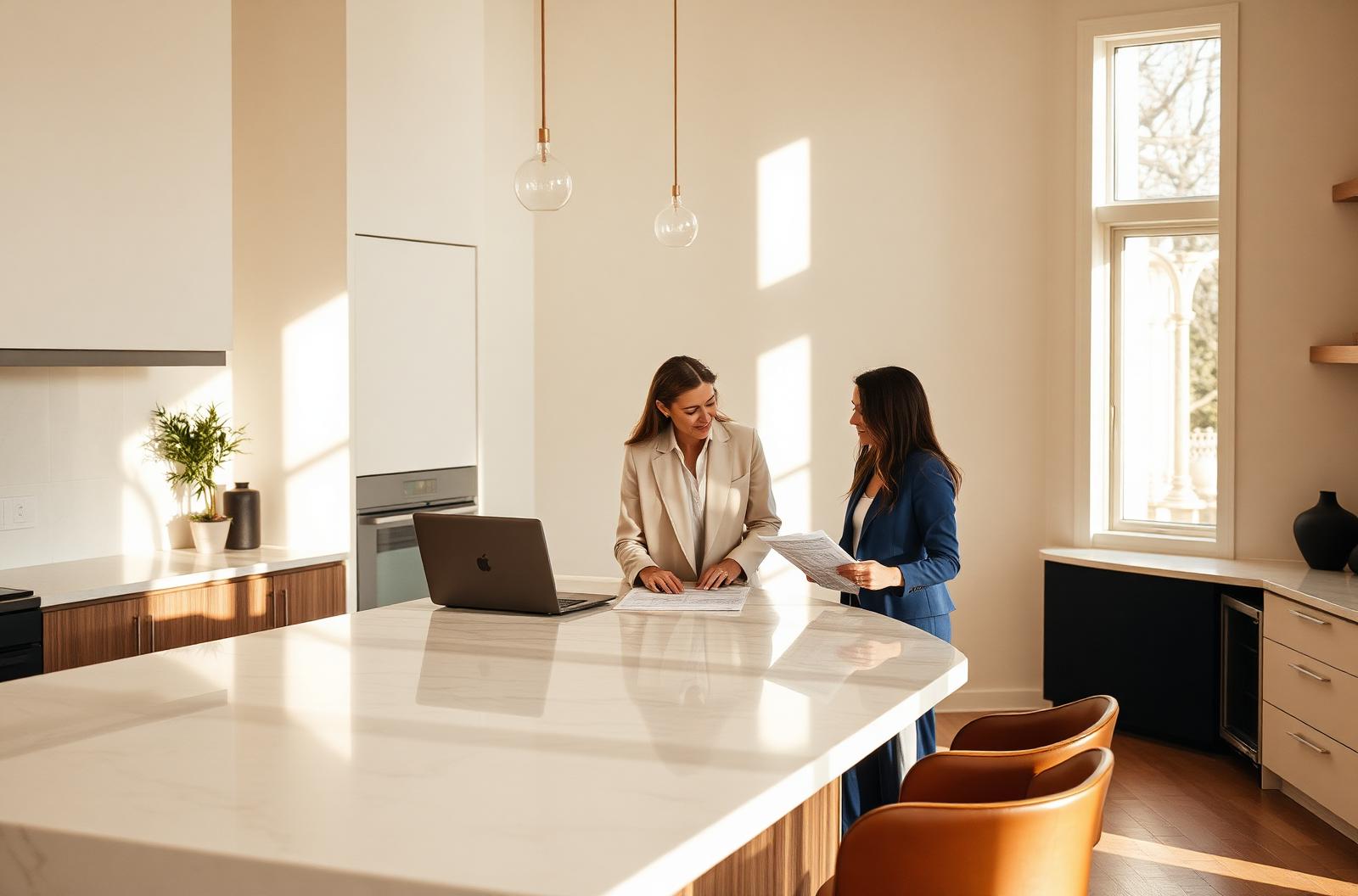 Two advisors reviewing a client's property plan at a kitchen island
